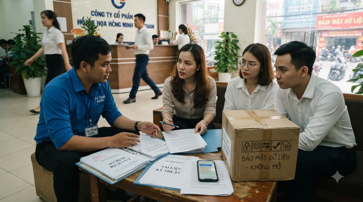 Nhóm doanh nghiệp Việt làm việc với nhà cung cấp phần mềm tại văn phòng nhỏ