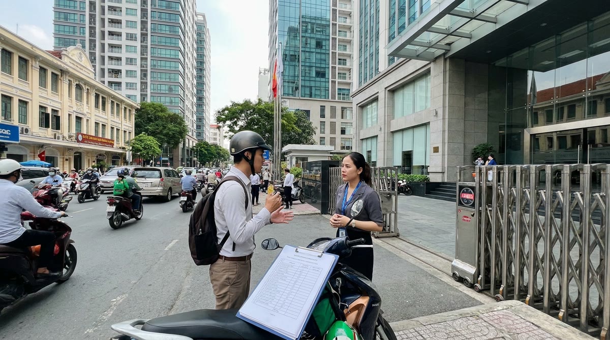 Nhân viên marketing đứng trước cổng an ninh giữa phố và tòa nhà
