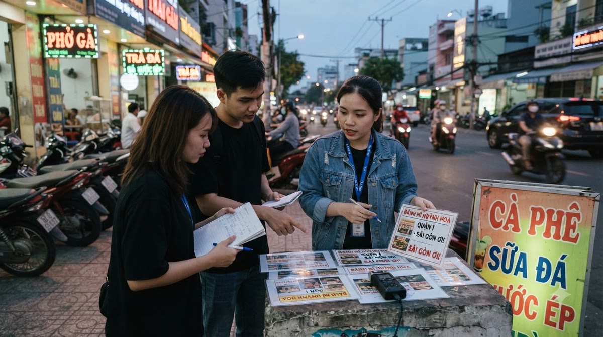 Nhóm marketing ngoài đường phố Sài Gòn xem mẫu in và ghi chú giọng đọc tiếng Việt