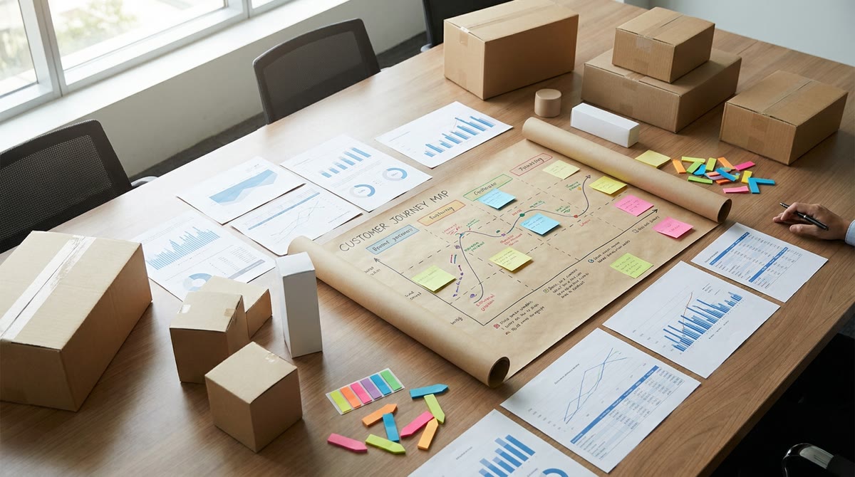 A customer journey map and analysis papers covering the entire desk