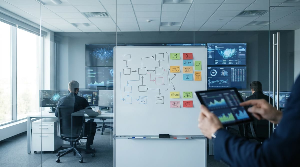 Phòng vận hành hybrid cloud với sơ đồ quy trình và bảng công cụ