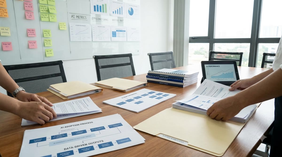 Vietnamese business meeting room with process diagrams, customer files, and documents under review