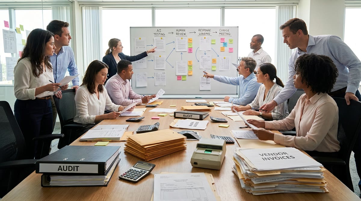 Bàn họp đầy giấy tờ, biểu mẫu và tài liệu kiểm toán