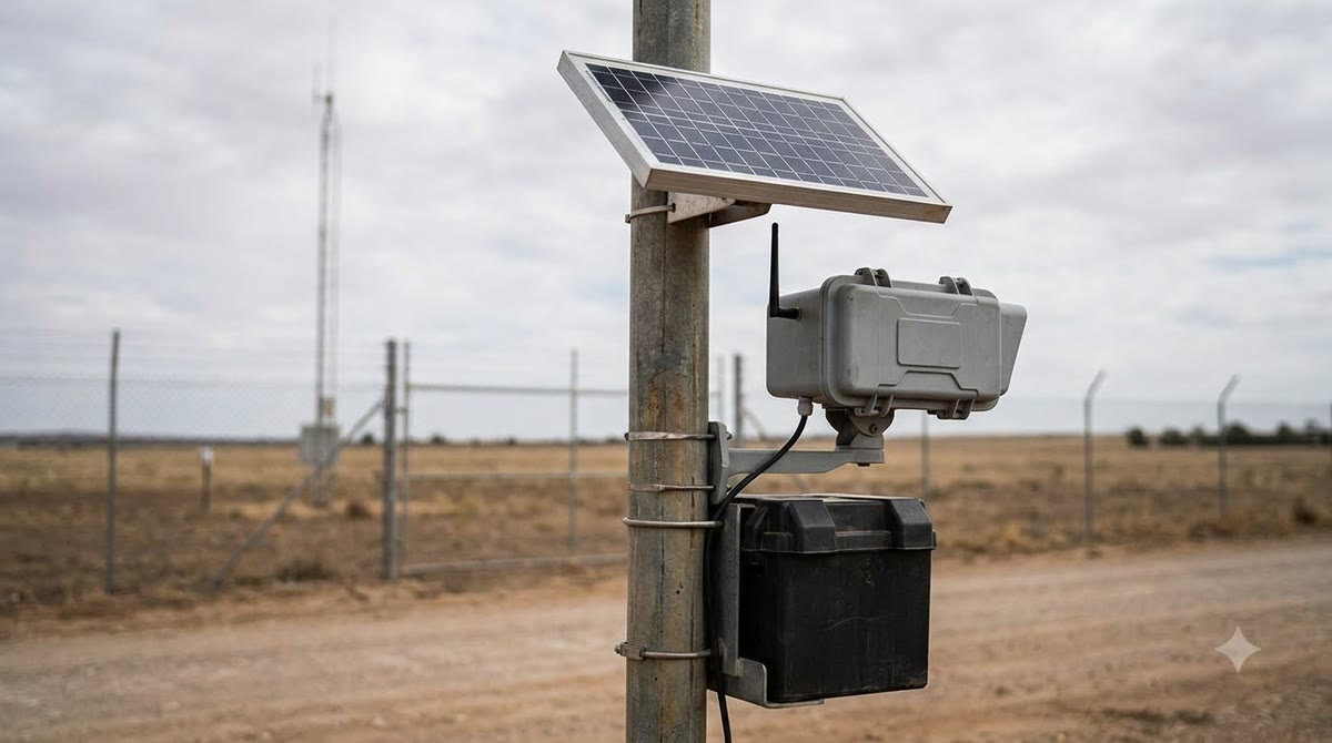 Solar-powered camera on a tall pole, with a fence and battery box below