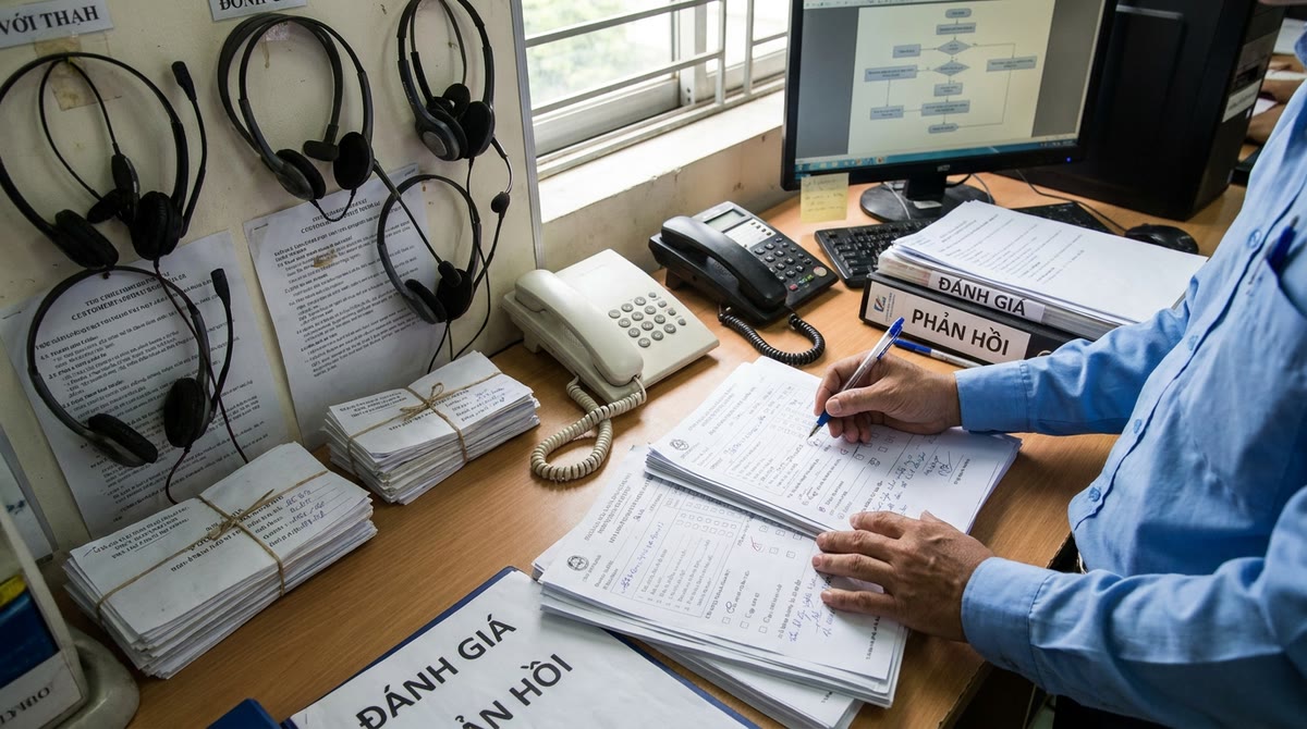 Góc nhìn từ trên xuống trong văn phòng chăm sóc khách hàng với điện thoại và phiếu ghi chú tiếng Việt