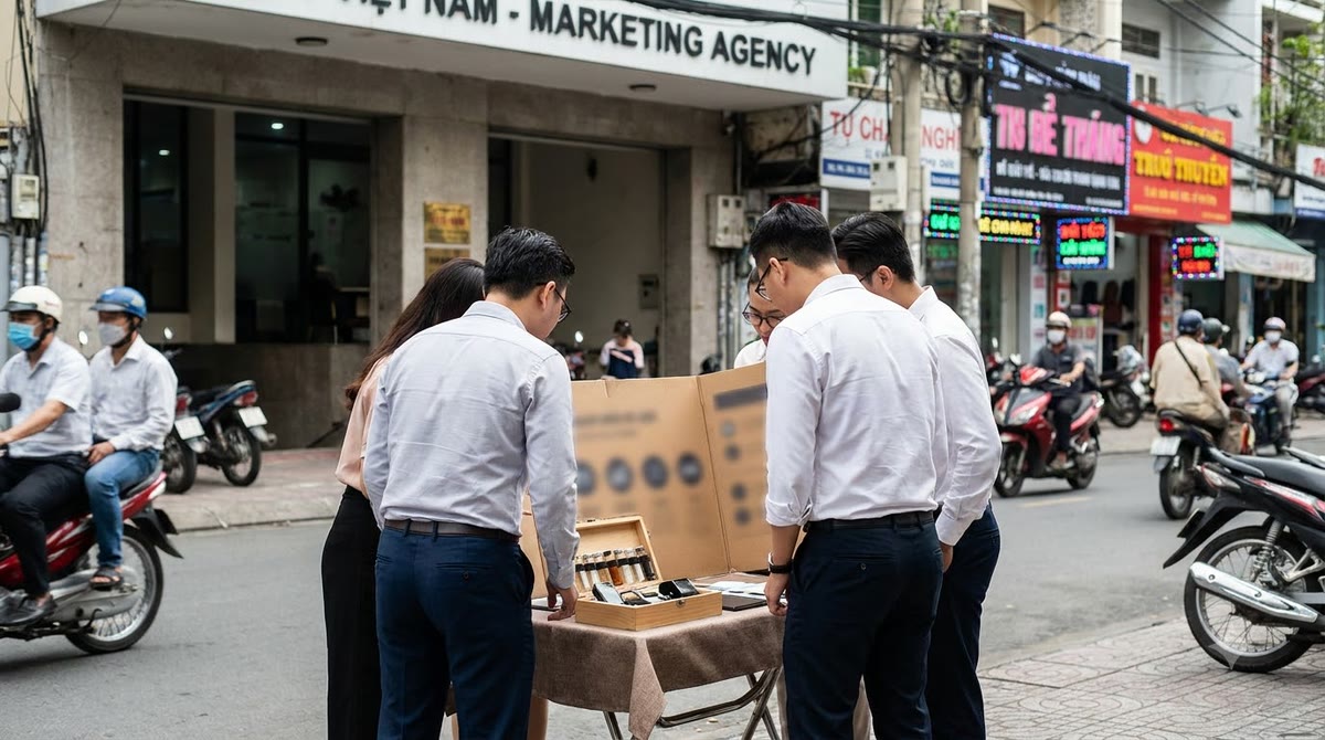 Nhóm nhân viên đứng trước lối vào agency xem bộ hồ sơ đề xuất in giấy