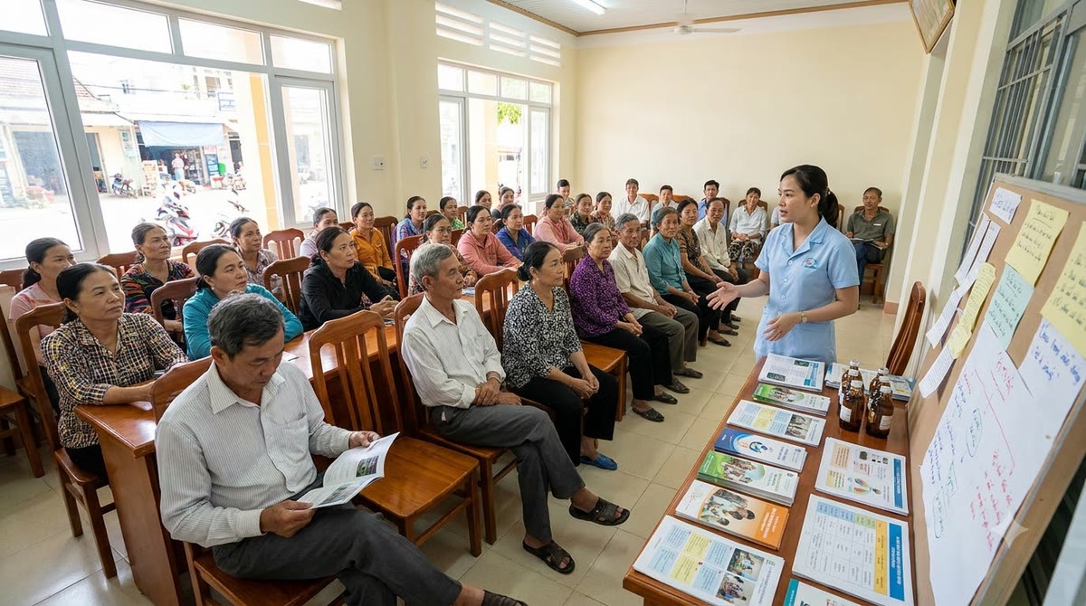 Buổi workshop cộng đồng với tài liệu in, mẫu sản phẩm và người tham dự lắng nghe
