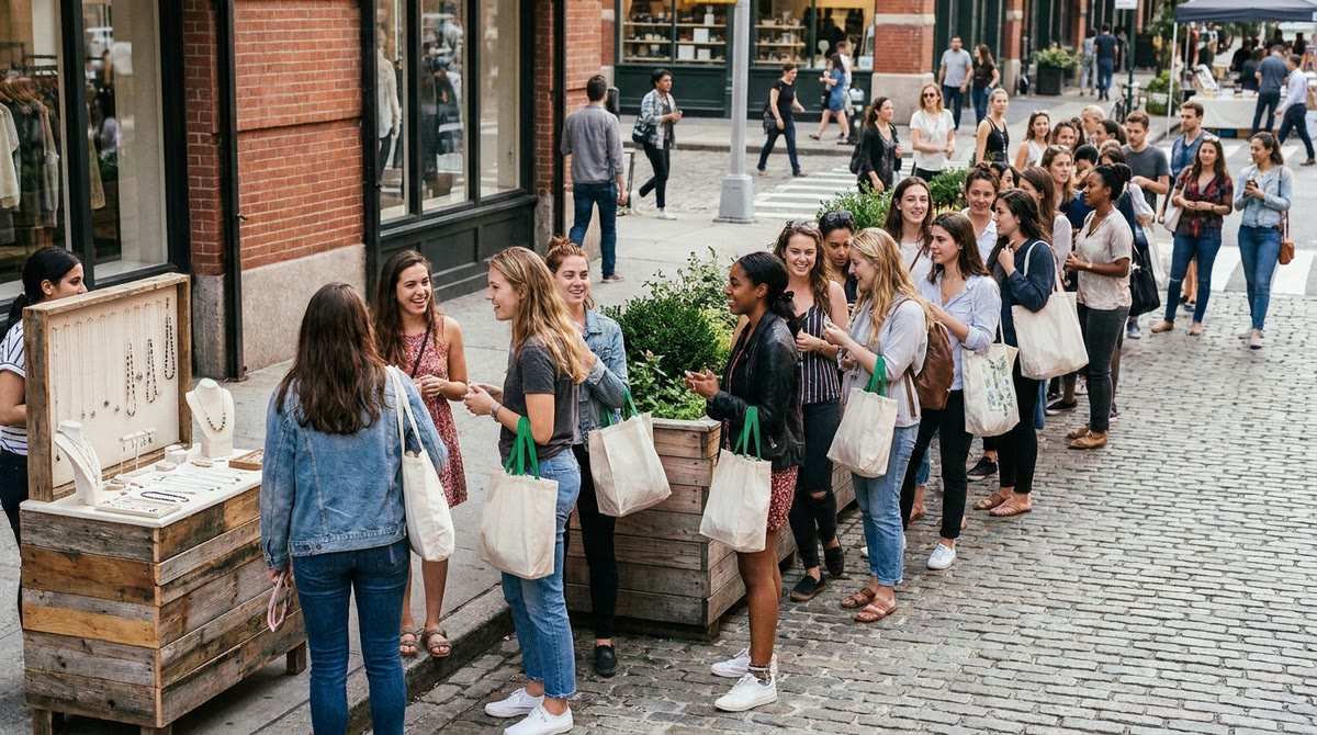 Đám đông xếp hàng dài trước quầy pop-up trang sức trên vỉa hè thành phố