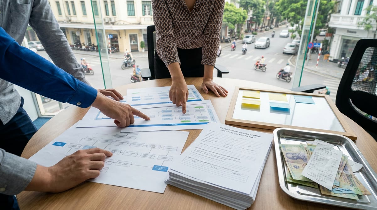 Cuộc họp doanh nghiệp Việt với biểu mẫu đồng ý dữ liệu và tài liệu ngân sách