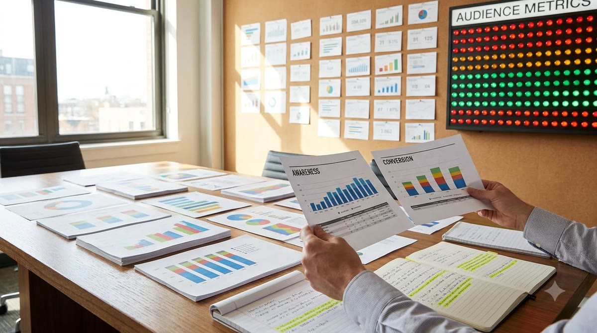 Bảng KPI in giấy và biểu đồ cài ghim cho thấy so sánh giữa chú ý và chuyển đổi