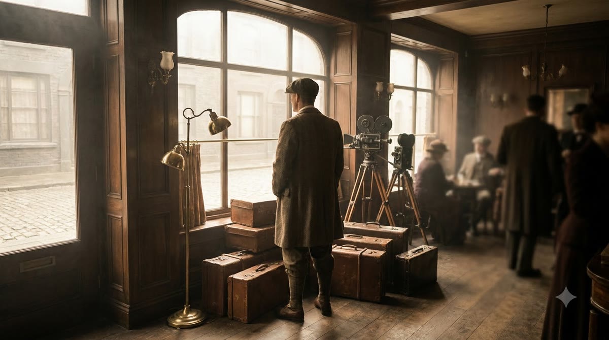 A character in 1920s clothing standing among props and classic lighting