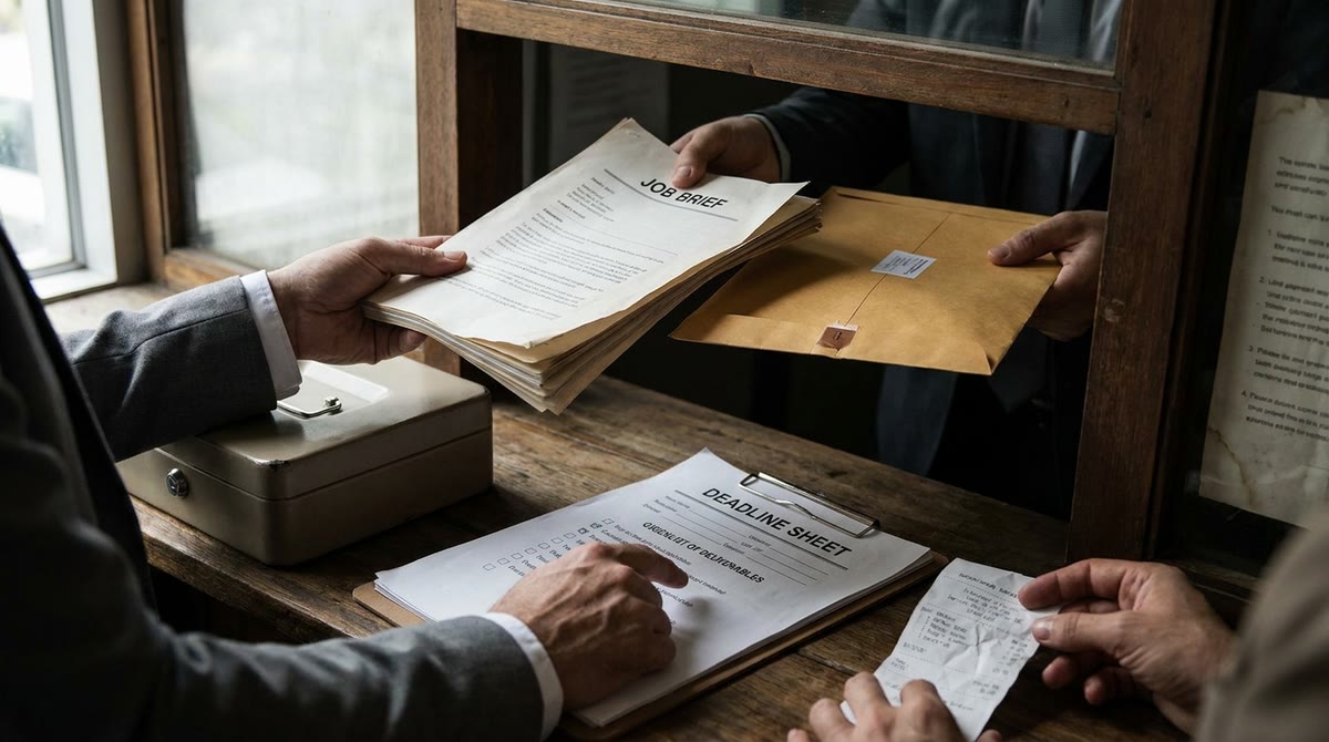 Bàn giao brief in sẵn và phong bì thanh toán tại quầy dịch vụ nhỏ ngoài phố