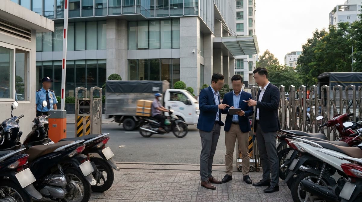 Nhóm doanh nhân trao đổi trước tòa nhà văn phòng giữa phố Sài Gòn