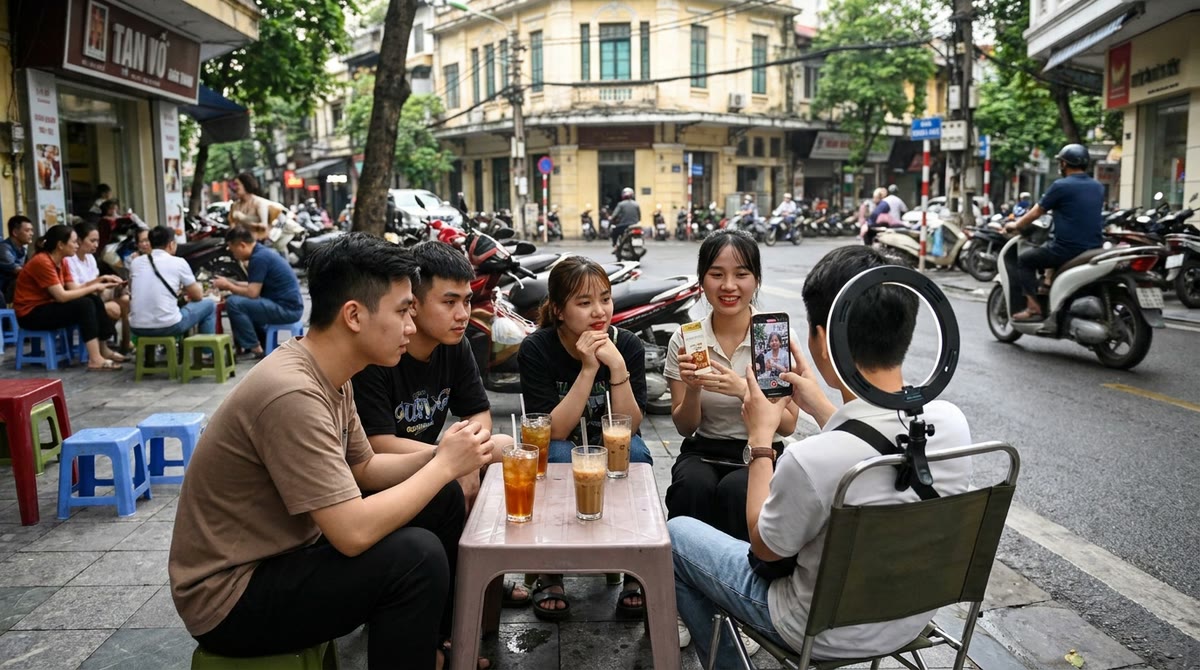 Nhóm bạn trẻ Việt Nam xem creator quay clip quảng bá ngay trên vỉa hè quán cà phê