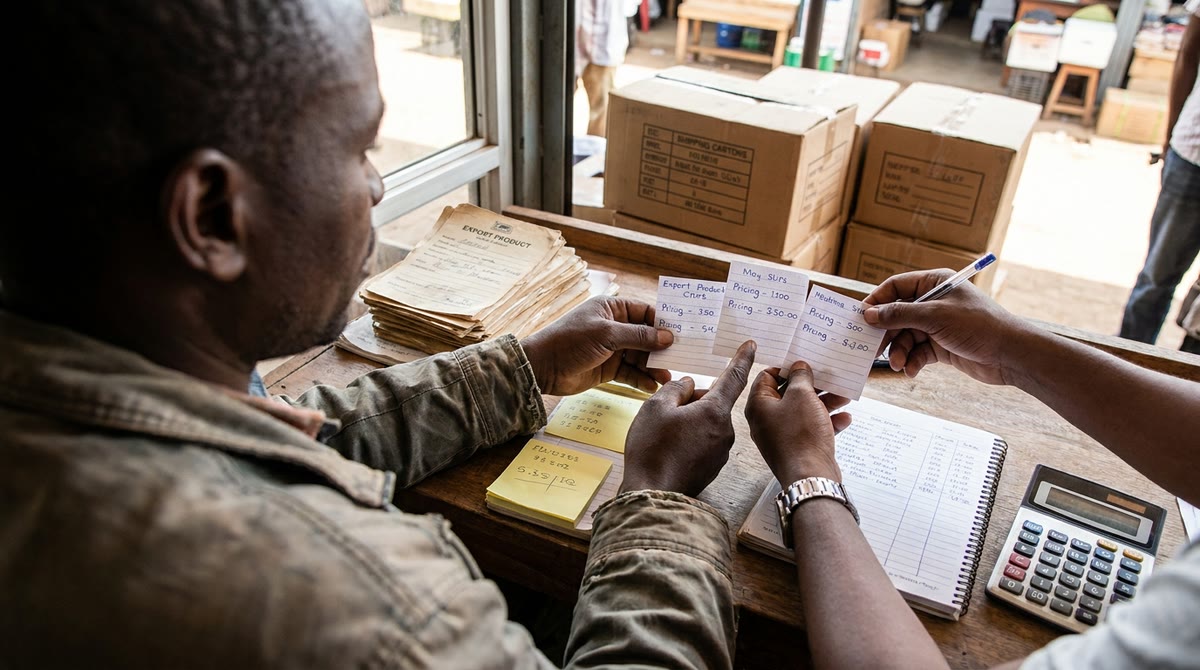 A market stall with cost slips, cardboard boxes, and sticky notes comparing prices
