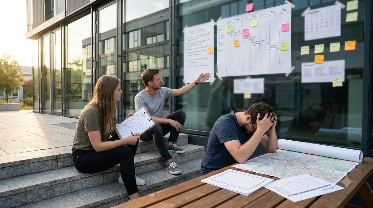 Người làm kế hoạch cầm checklist trước lối vào tòa nhà coworking