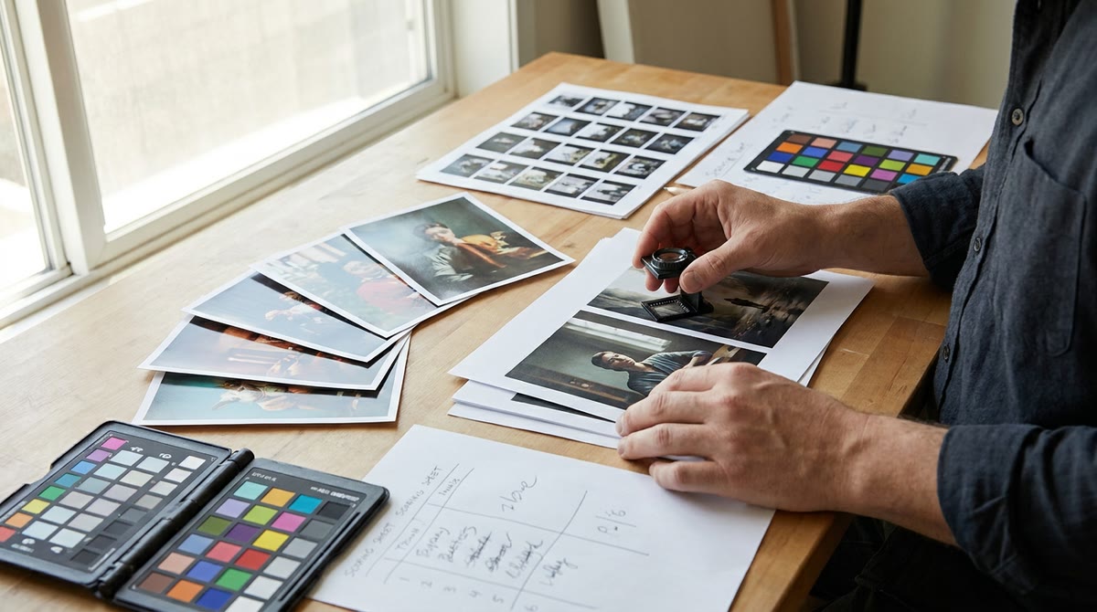 Bộ ảnh in thử và bảng chấm điểm chất lượng sáng tạo trên bàn kiểm tra