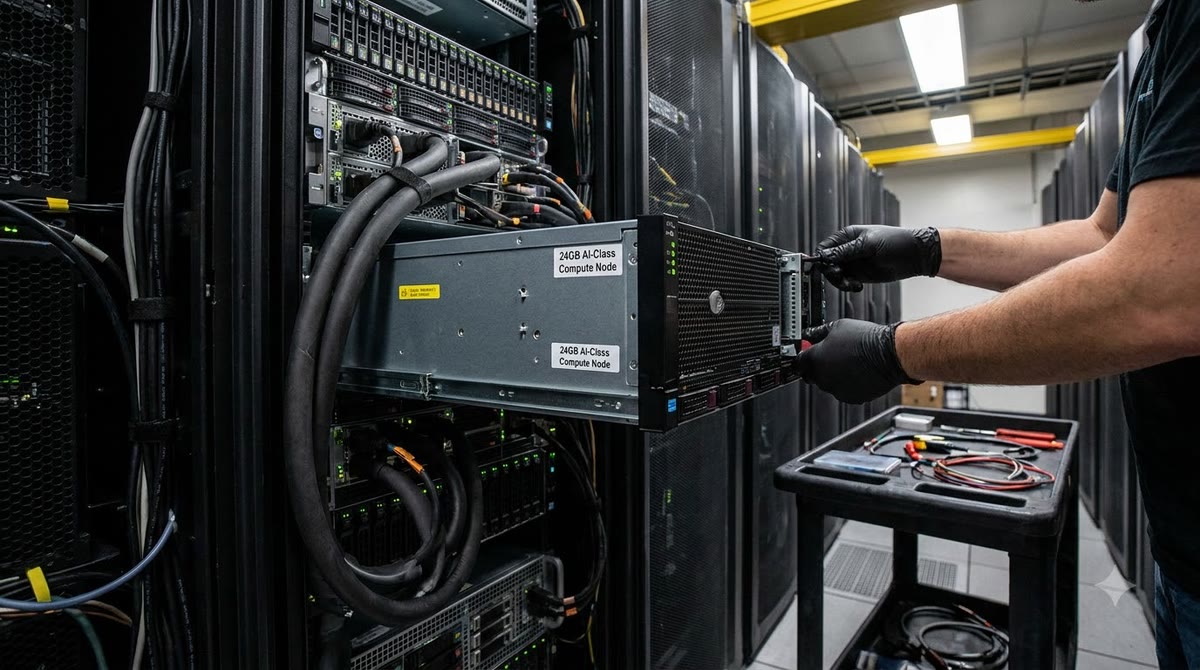 Cận cảnh dãy máy chủ GPU trong trung tâm dữ liệu, kỹ thuật viên đang thao tác bảo trì