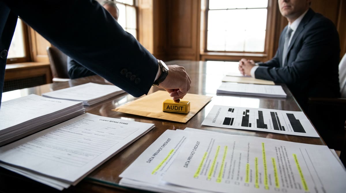 Nhân viên duyệt hồ sơ đầu tư, giấy tờ dữ liệu nhạy cảm và checklist kiểm soát trên bàn