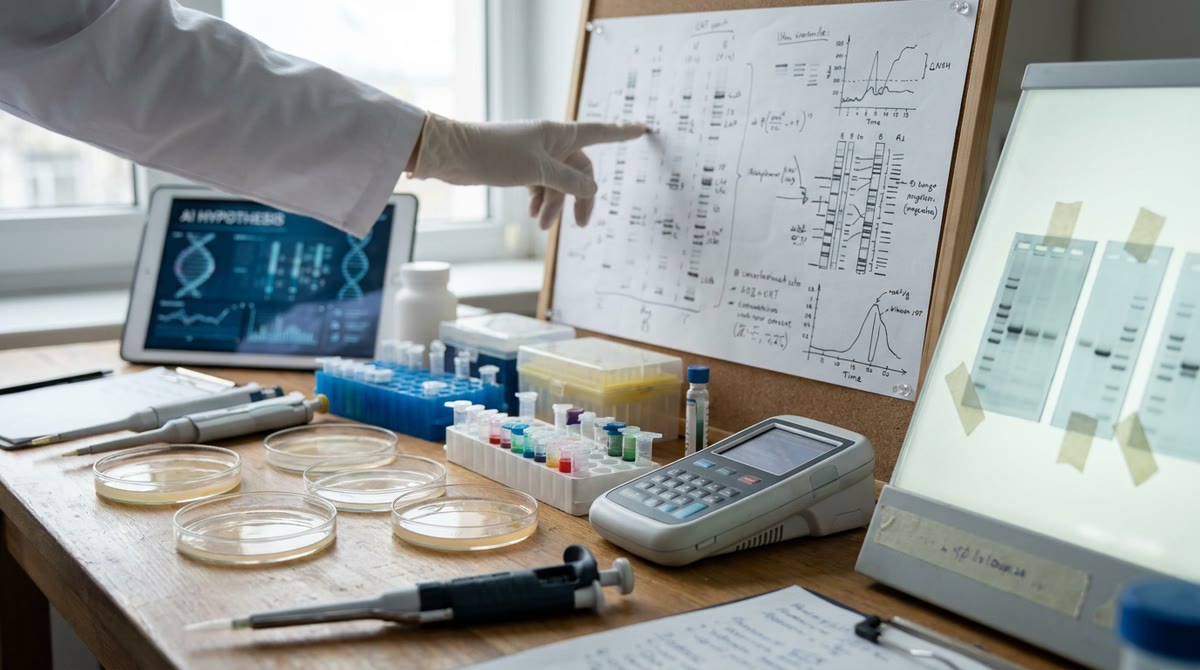 Nhà nghiên cứu kiểm tra mẫu DNA cạnh máy xét nghiệm và giấy in biểu đồ gen