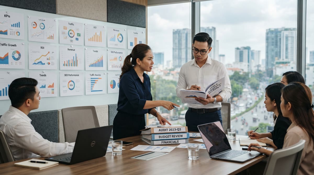 Cuộc họp ngân sách trong phòng họp với hồ sơ audit và biểu đồ in ra