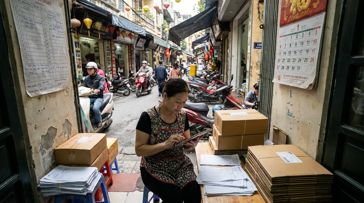 Chủ cửa hàng nhỏ ở hẻm phố kiểm tra đơn hàng, kiện hàng và dữ liệu khách