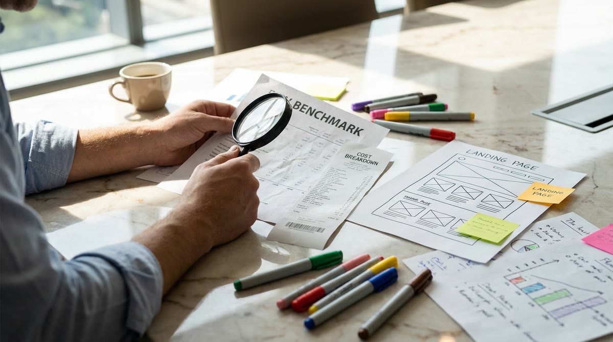Tay marketer so sánh bảng điểm benchmark với bản in chi phí cho từng tác vụ