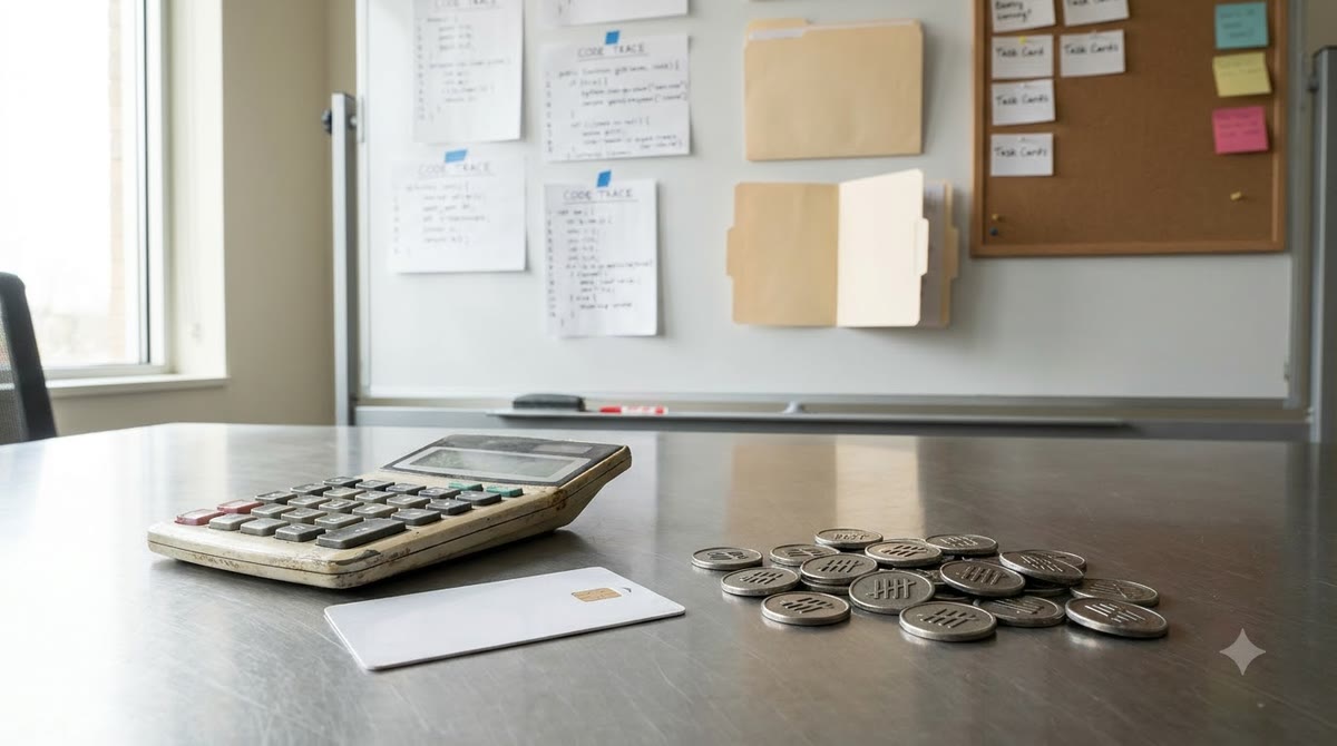 Bàn họp có bảng giấy, phiếu truy vết và thẻ đếm token xếp cạnh nhau