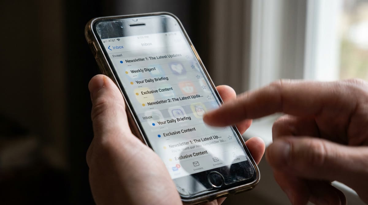 Bàn tay lướt qua hộp thư dày đặc trong khung cảnh email chật kín