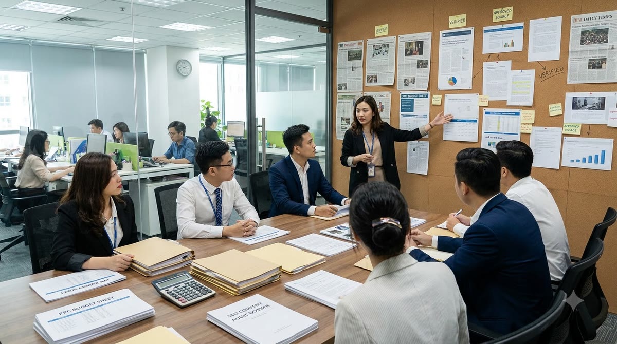 Phòng họp dịch vụ tài chính với hồ sơ nguồn và tài liệu kiểm chứng