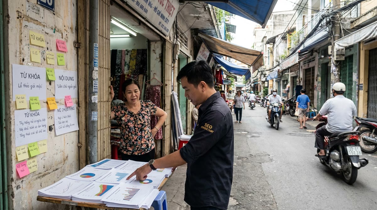 Tư vấn SEO trước cửa hàng nhỏ ở phố thương mại Việt Nam