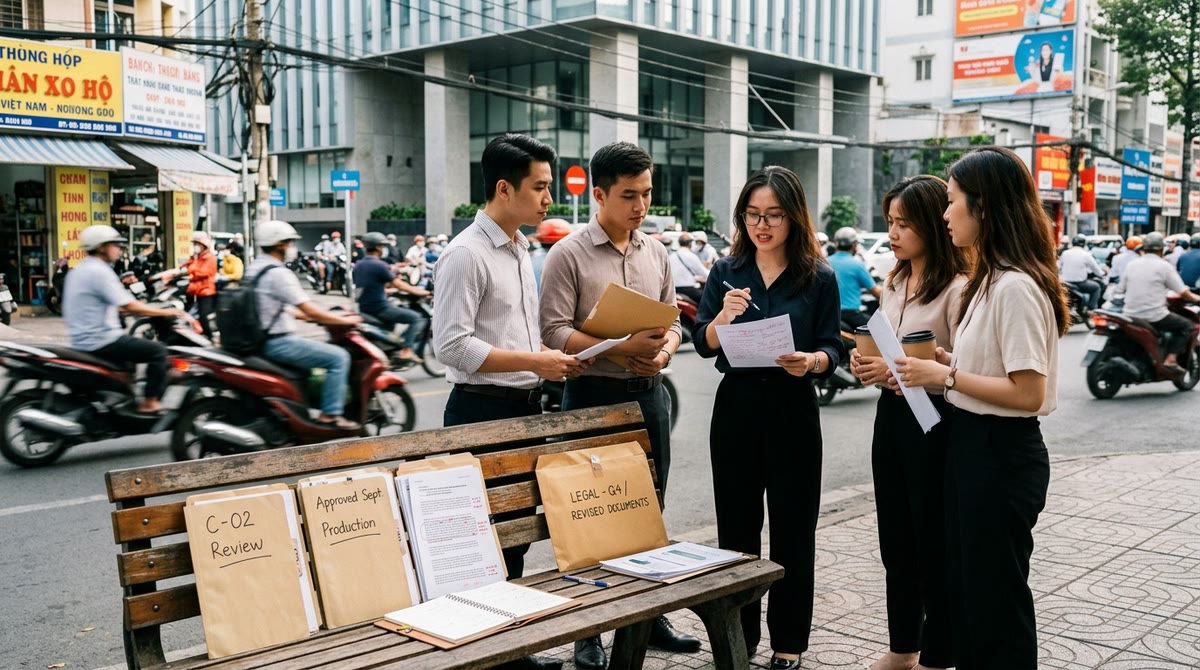 Nhóm nội dung trao đổi hồ sơ, bản in và giấy tờ phê duyệt trước tòa nhà văn phòng