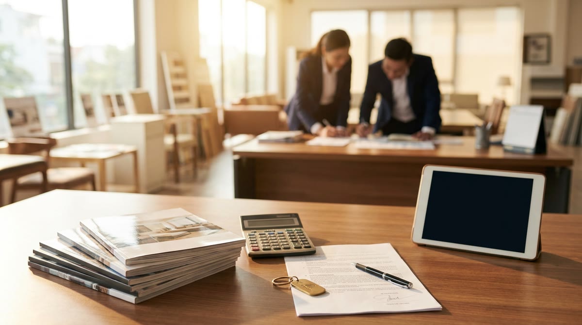 Nhân viên agency xem hợp đồng, brochure và máy tính bảng màn hình tối trên bàn