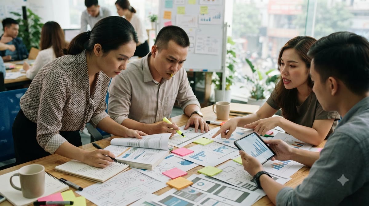 Nhóm marketing đối chiếu bản in chiến dịch và ghi chú thủ công