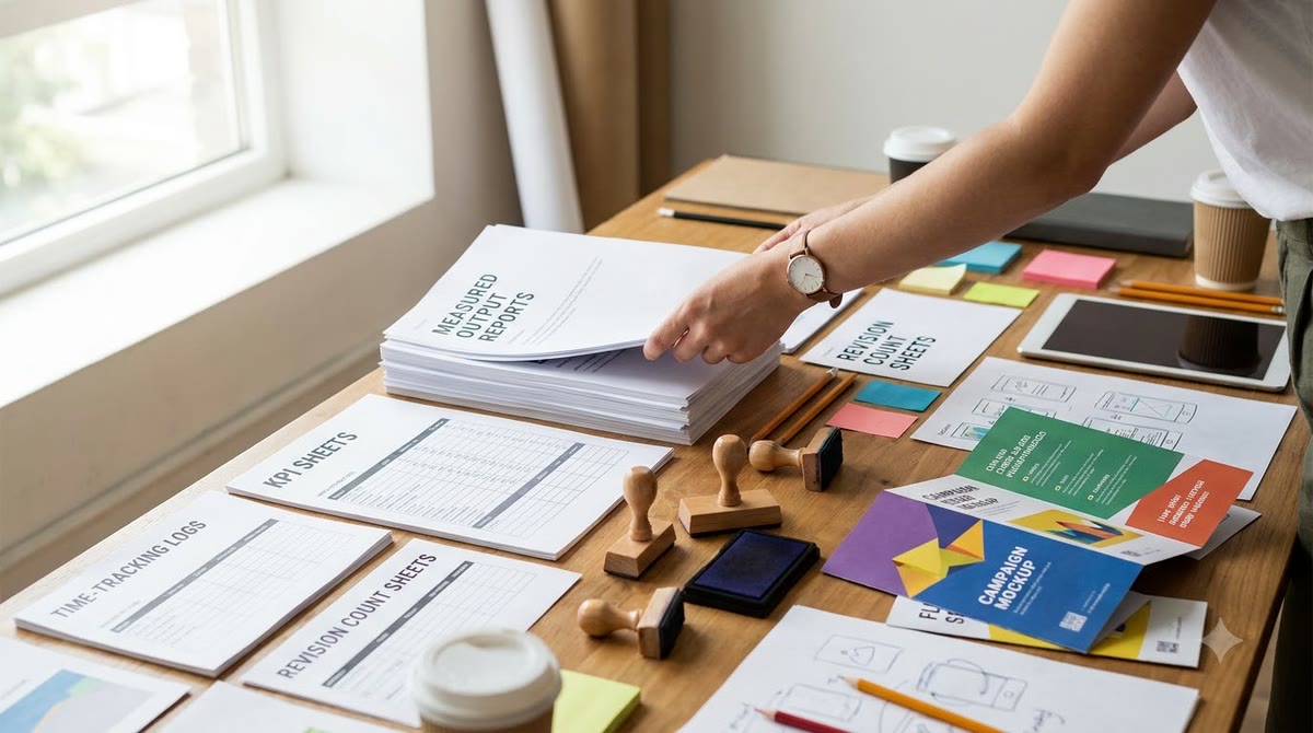 Biểu đồ KPI, phiếu đo thời gian và bản in duyệt sửa được sắp thành từng chồng rõ ràng