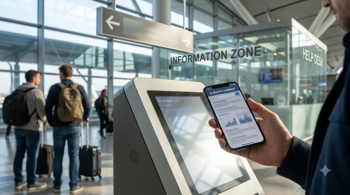 Người cầm điện thoại trước kiosk tìm kiếm, cạnh lối chỉ sang khu thông tin khác