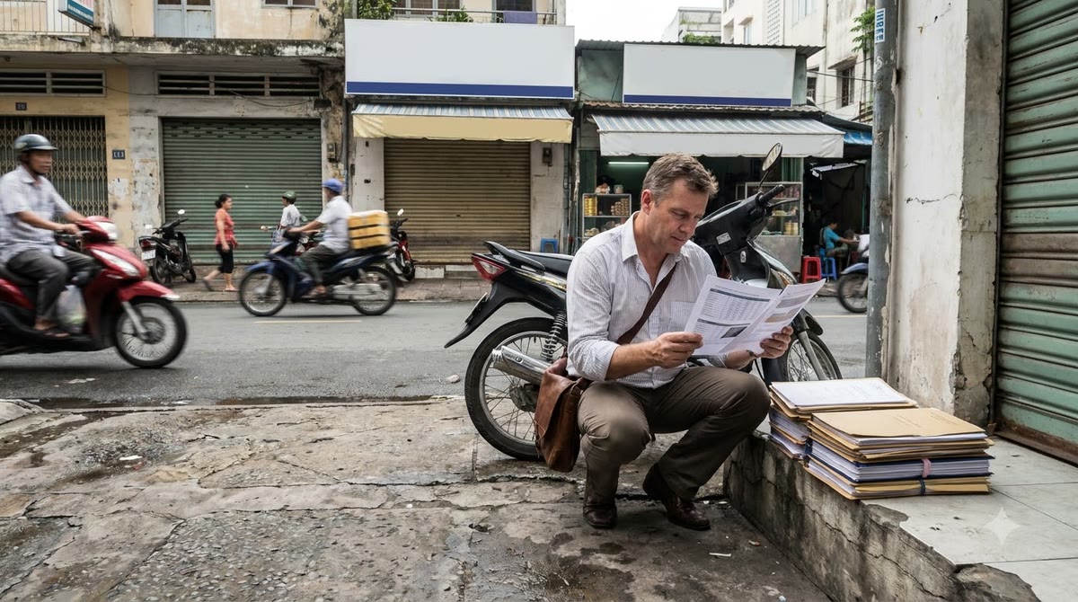 A Vietnamese commercial street with reporting documents and a marketer checking data
