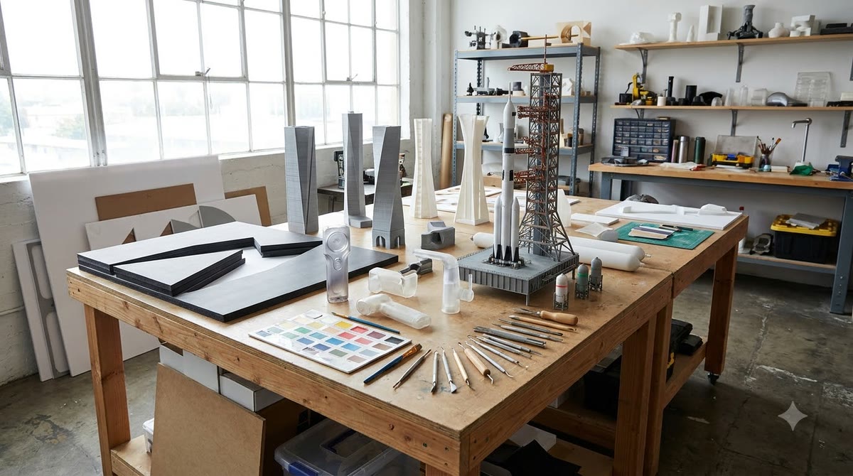 Xưởng thiết kế trưng bày mô hình 3D, cảnh dựng thử và vật liệu prototype trên bàn làm việc