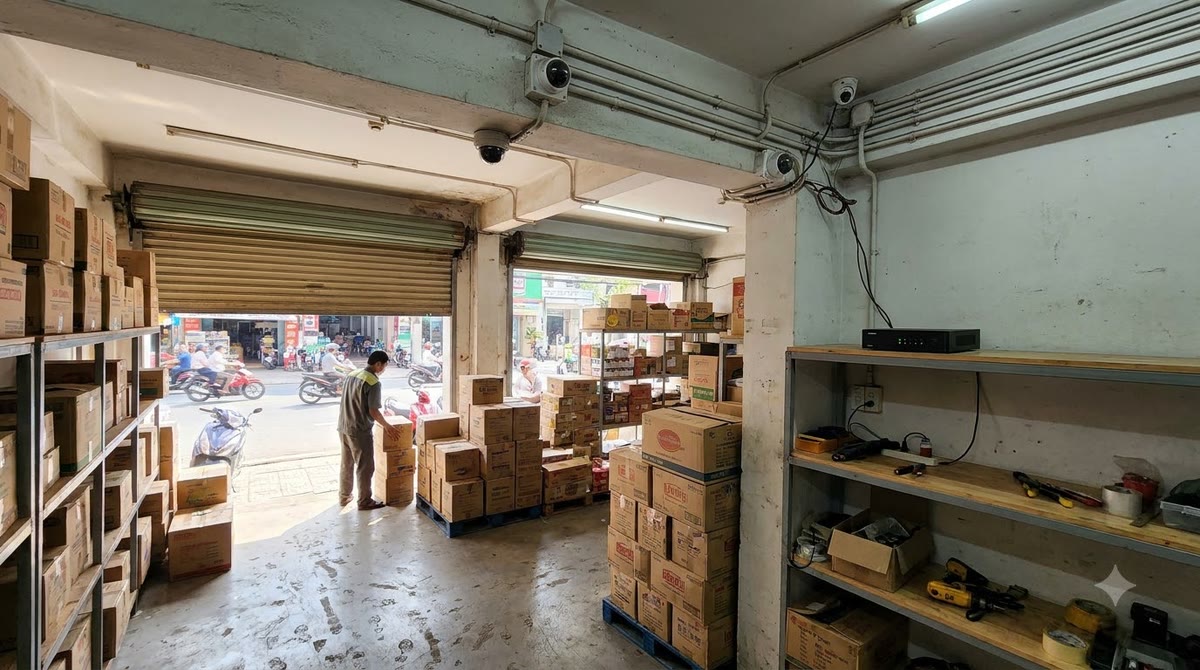 Small warehouse with ceiling cameras, cardboard boxes, and an open receiving area