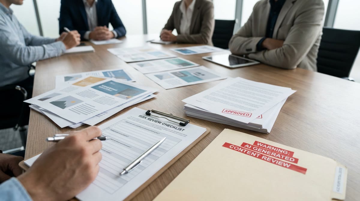 Bản in quảng cáo và checklist rủi ro nằm trên bàn họp, chuẩn bị qua lớp duyệt thêm