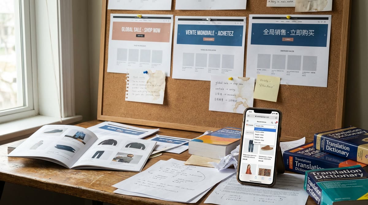 Cork board dán nhiều phiên bản landing page và tài liệu dịch đa ngôn ngữ
