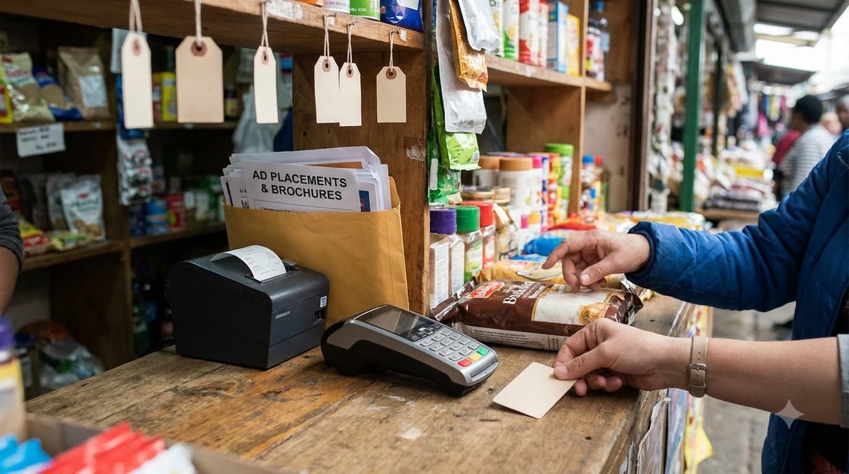 Retail counter with products, receipt printer, and sponsorship tags placed side by side