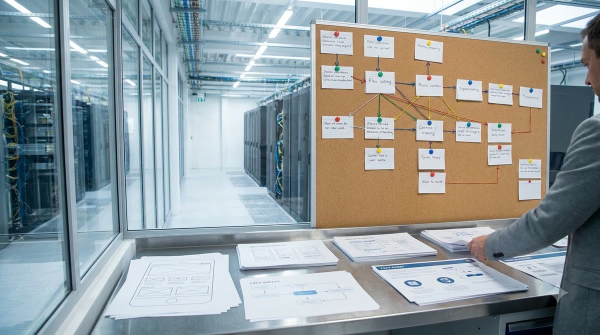 A paper decision board and service slips illustrating how a system chooses sources