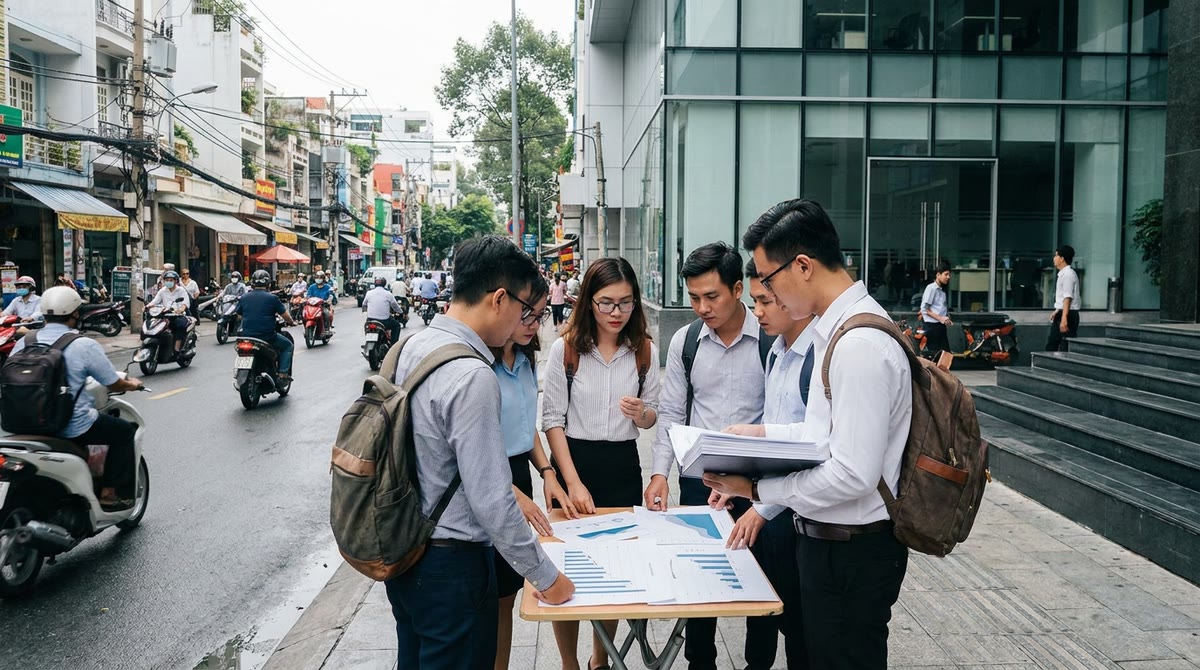 A marketing team standing in front of a glass building on a Vietnamese street, holding report files