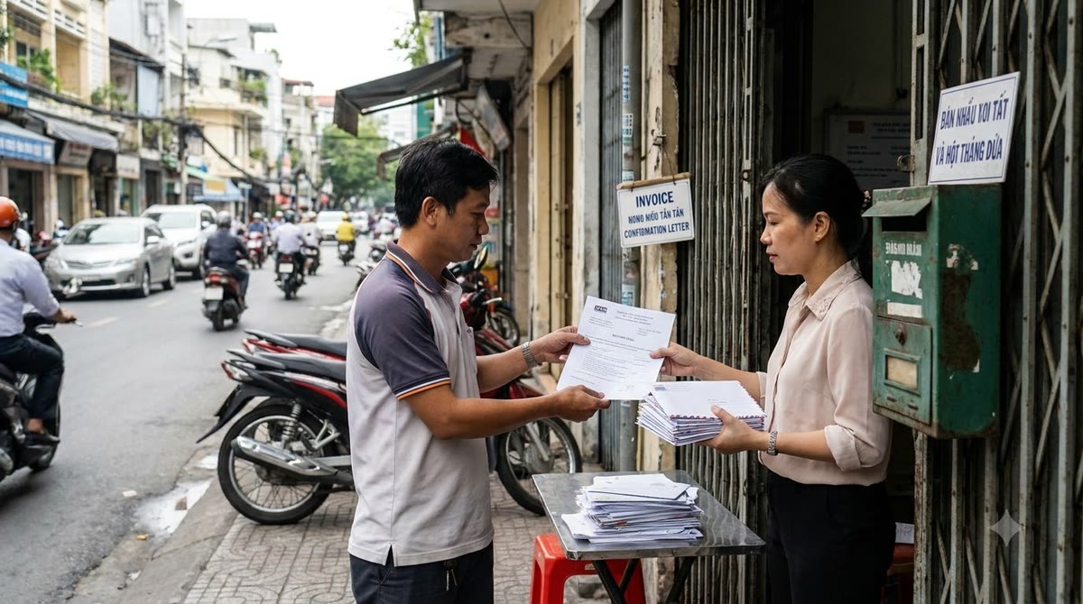 Chủ cửa hàng và nhân viên trao đổi giấy tờ bên hòm thư ngoài phố
