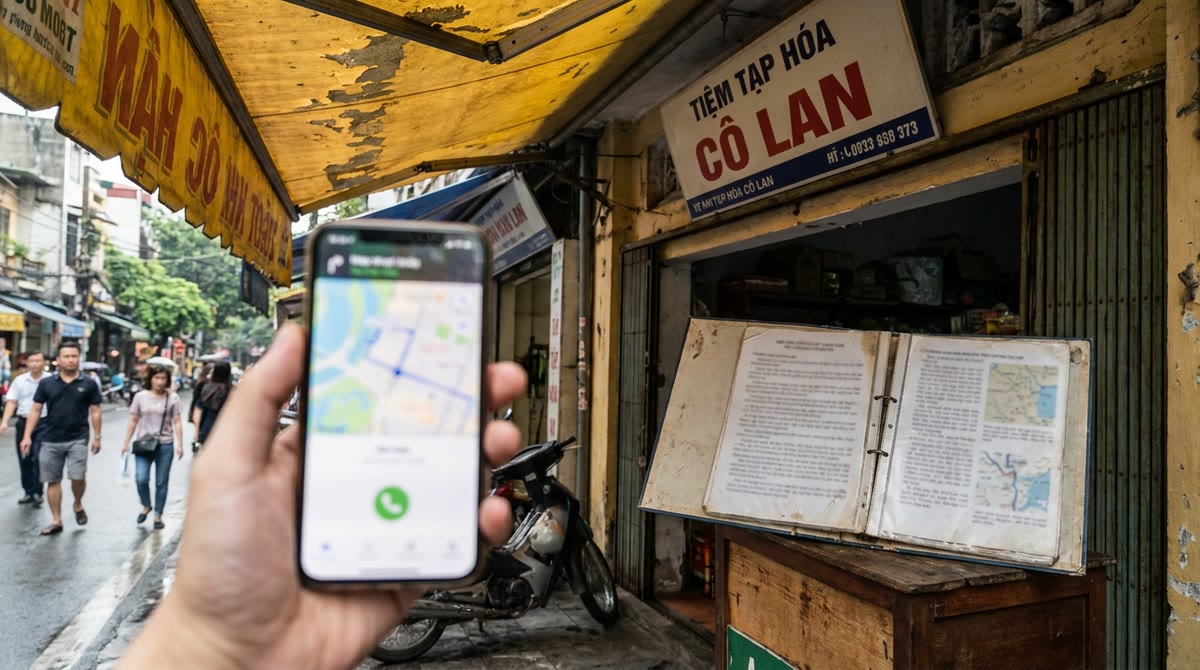 Vietnamese storefront with a phone, map pin, and printed profile documents