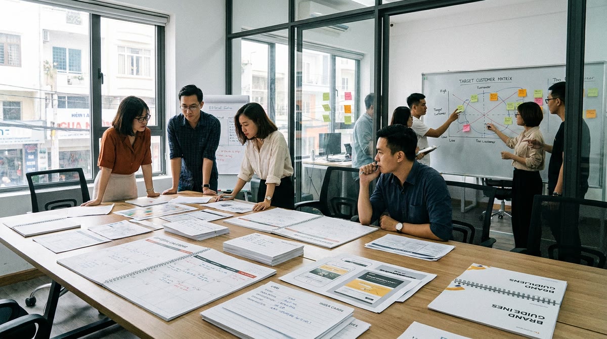 Nhóm marketing xem lịch nội dung, tài liệu bán hàng và bảng khách hàng mục tiêu trên bàn lớn