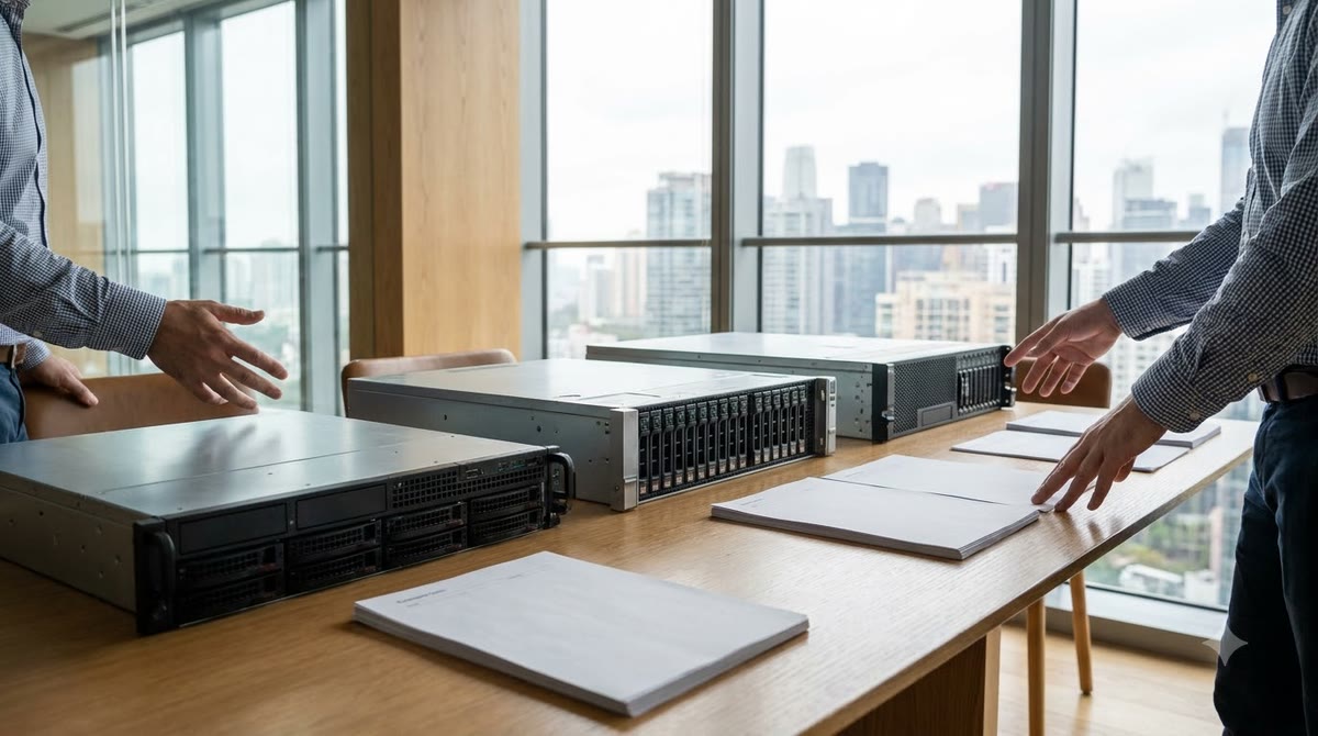 Engineers comparing multiple servers and evaluation profiles in a modern meeting room