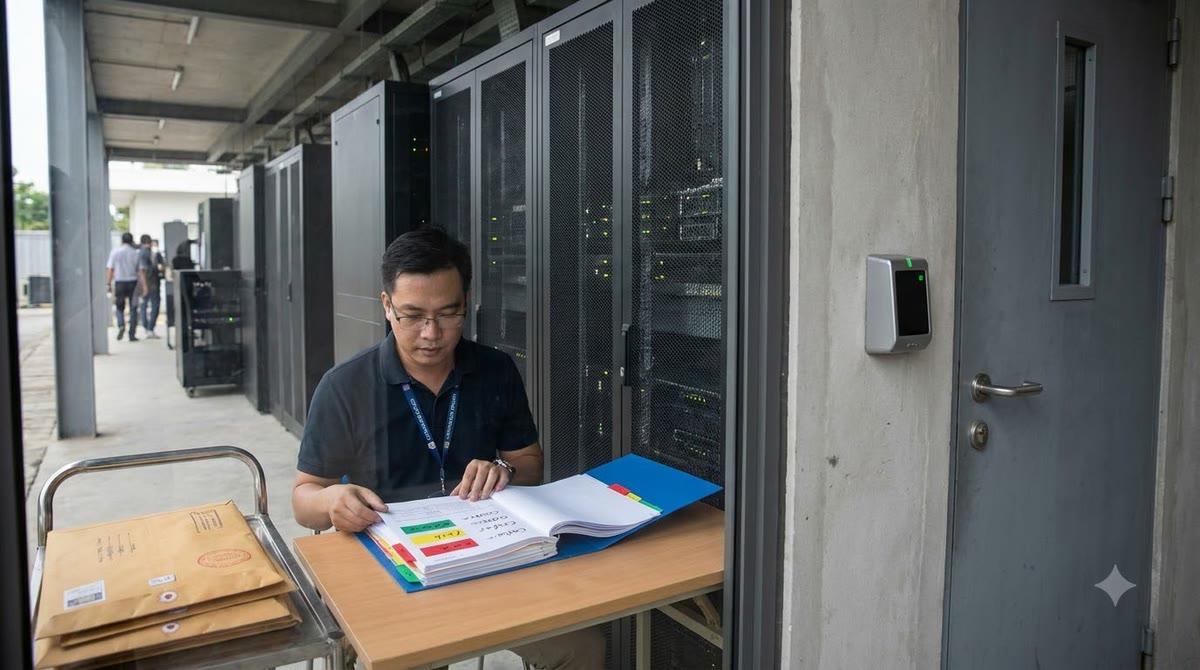 Hành lang trung tâm dữ liệu với hồ sơ phân loại và nhân sự kiểm soát truy cập chặt chẽ