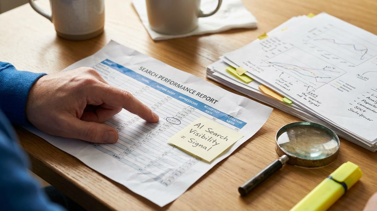 A desk covered with printed reports, a hand pointing at impressions and notes